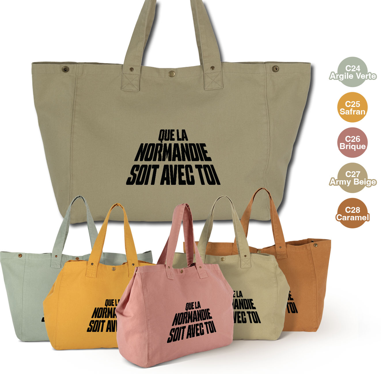 Sacs en textiles colorés avec impression "Que la Normandie soit avec toi"